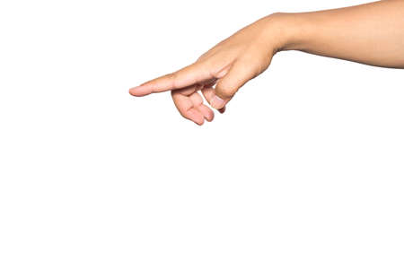 Man hand touching virtual screen isolated on white backgroundの写真素材