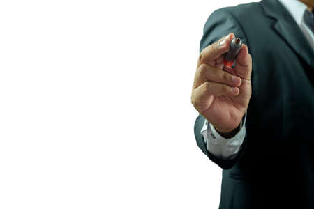 Business man holding a pen isolated on white backgroundの写真素材