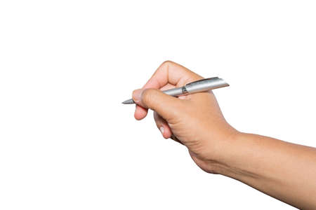 Businessman standing posture hand hold a pen. Businessman writing and drawing on the screenの写真素材
