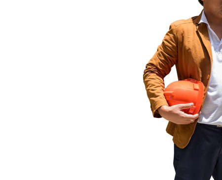 Torso engineer, worker or architect holding plastic helmet in hand on white background.のeditorial素材