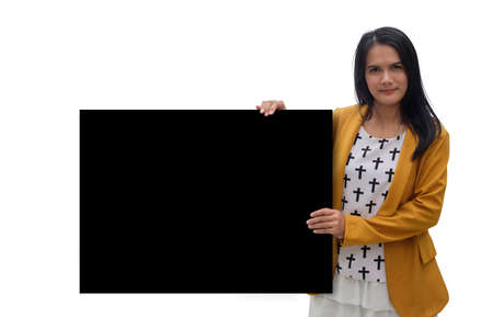 Business woman hold blank card. Smiling business woman.のeditorial素材