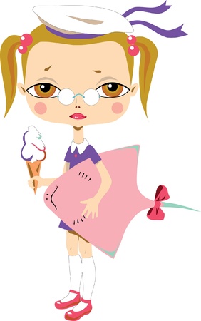 a small girl with an ice-cream and a fishのイラスト素材