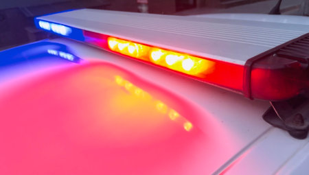 Police car flashing red and blue lights, closeup of photo.