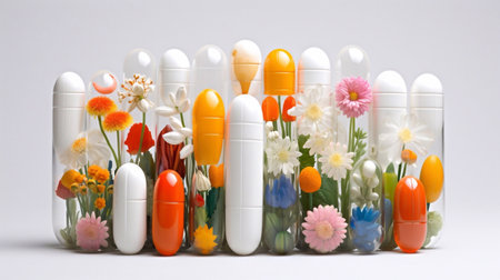Plastic medical tampons and flowers on a white background. Selective focus.