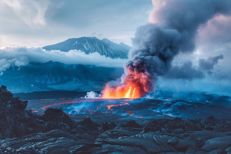 Volcanic eruption with ash and smoke, active volcano in the background