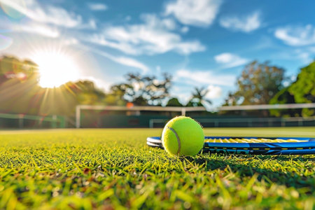 Tennis ball on green grass court with blue rackets and sunlight. Tennis ball on the grassの写真素材