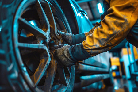 Auto mechanic repairing a car wheel in auto repair shop. Auto service industry.の写真素材