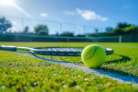 Tennis ball and racket on green grass court with blue sky backgroundの写真素材