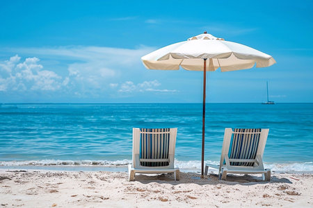 Lounge chairs on the beach. Sunbeds and umbrella on the beach with white sand and blue sea and sky background.の写真素材