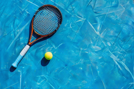 Tennis racket and ball on blue background. Top view with copy spaceの写真素材