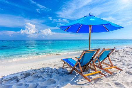 Blue umbrella and two chairs on a beautiful tropical beach in the Maldives in summerの写真素材