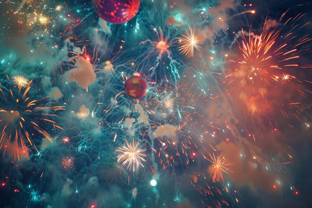Colorful fireworks and holiday decorations on dark sky background. Celebration concept. Happy new...