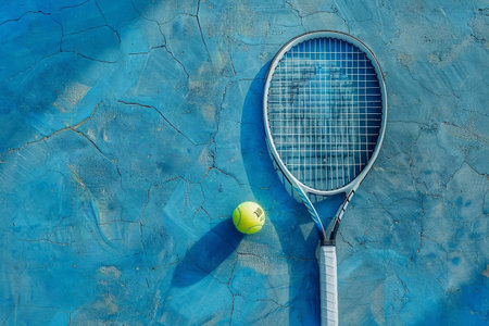 Tennis rackets and ball on blue hard cracked surface background. Top view with copy space