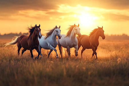 Four horses are galloping through a golden field at sunset, their manes flowing in the wind as they enjoy their freedom and speedの写真素材