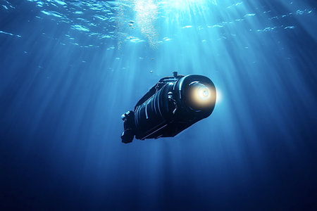 Autonomous underwater vehicle (auv) is navigating through the deep ocean, its headlight illuminating...
