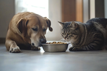 Brown labrador retriever dog eating from a metal bowl while a gray tabby cat watches intently, showcasing a peaceful coexistence and shared mealtimeの写真素材