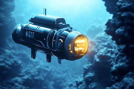 Futuristic submarine navigating through dark ocean depths, its powerful headlights illuminating the underwater scene, creating a sense of mystery and explorationの写真素材