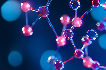 Abstract 3d rendering of molecules forming a complex structure with chemical bonds, creating a...