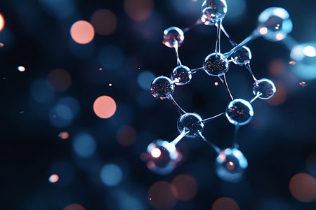 Glass molecule structure rotating on dark background with bokeh effect represents scientific research, nanotechnology, and molecular biologyの写真素材