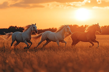 Three horses, two white and one brown, are galloping across a golden meadow at sunset, their manes and tails flowing in the wind as they embody the spirit of freedom and harmony with natureの写真素材