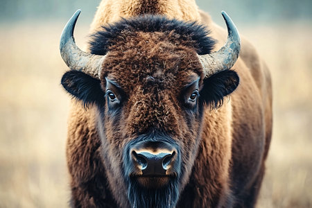Majestic european bison standing in a field, showing its powerful horns and thick fur, creating a...