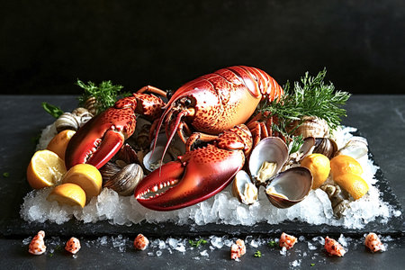 Large cooked lobster is presented on a bed of ice with fresh clams, lemon wedges, and dill sprigs, creating an appealing seafood displayの写真素材