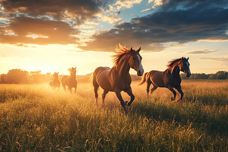Herd of majestic horses gallops across a golden field, illuminated by the warm glow of the setting sun, creating a breathtaking scene of freedom and powerの写真素材
