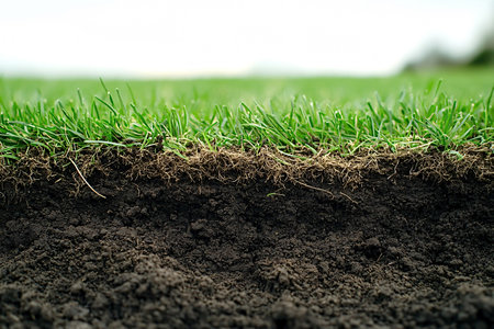 Cross section showing vibrant green grass growing from rich dark soil, highlighting the importance of healthy soil for plant growthの写真素材
