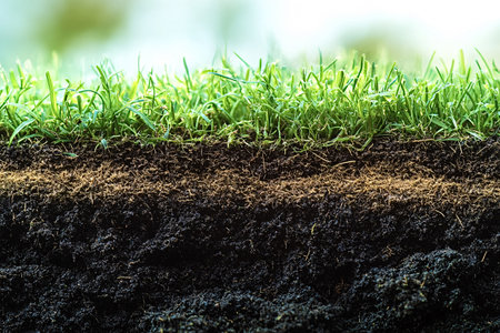 Lush green grass thrives above layers of fertile soil, showing the connection between vegetation and earth, promoting growth and environmental harmonyの写真素材
