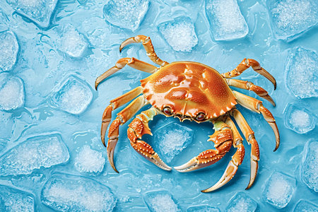 Whole cooked crab lying on melting ice cubes on a vibrant blue background, creating a striking contrast and suggesting a refreshing seafood conceptの写真素材
