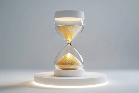 Hourglass with golden sand flowing on a white podium, illuminated from below, creates a symbolic...