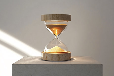 Hourglass with falling sand grains is measuring time on gray surface with light beam and white...