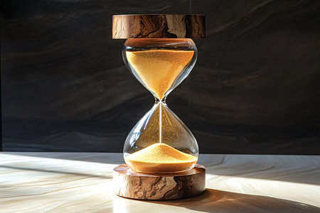 Elegant hourglass with golden sand sits on a marble table, symbolizing the relentless passage of...