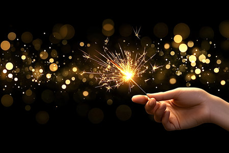 Woman's hand elegantly holds a sparkler firework with a bright burn and golden glow on a dark...