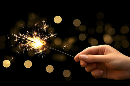 Woman hand holding a burning sparkler in front of a black background with golden blurred lights...