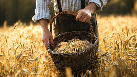 Farmer is harvesting wheat in a field, holding a wicker basket full of freshly harvested wheat. The golden light of the setting sun creates a warm and nostalgic atmosphereの素材