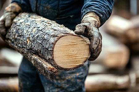 Lumberjack carefully holds a freshly cut log, showing its intricate wood grain and rings. Hands covered in sawdust emphasize the manual labor of chopping firewoodの素材