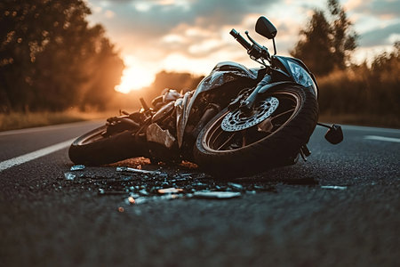 Damaged motorcycle lies on the asphalt after a road accident, with the sun setting in the background, highlighting the danger of careless drivingの素材