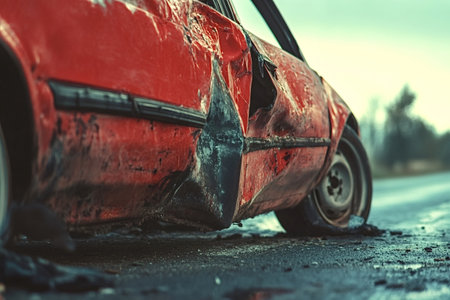 Close-up view capturing the damage on a red car following a traffic accident, revealing the severity of the impact and raising important road safety concernsの素材