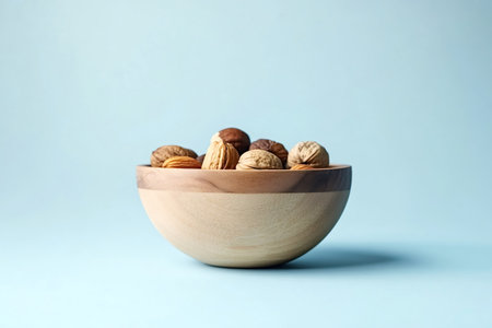 Simple wooden bowl is brimming with a variety of nuts, including walnuts and almonds, set against a serene light blue backdrop, creating a visually appealing arrangementの写真素材
