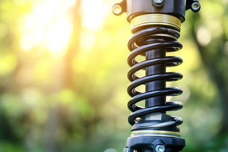 Shock absorber with coil spring on natural background ensuring smooth and safe ride by damping vibrations and absorbing impacts from road irregularities with copy space for textの写真素材