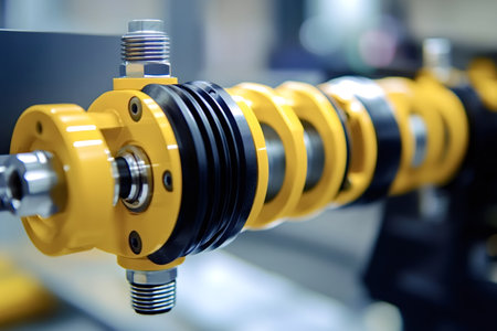 Close-up of a complex yellow industrial part with threaded fittings, bellows couplings, and other components, possibly awaiting assembly or inspection in a manufacturing settingの写真素材