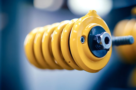 Yellow shock absorber, featuring a prominent spring and mounting hardware, is displayed against a blurred background, emphasizing its role in automotive suspensionの写真素材