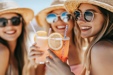 Three cheerful women wearing sunglasses and straw hats are smiling and holding refreshing cocktails garnished with lemon slices, enjoying a sunny day togetherの写真素材
