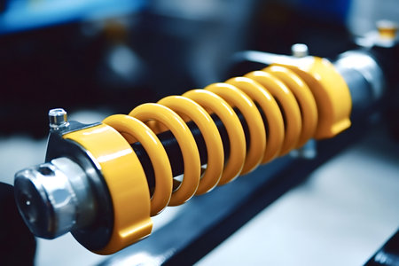 Yellow shock absorber with detailed coils and mounting hardware, highlighting precision engineering and performance enhancements for motorcycles and other vehiclesの写真素材