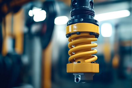 Close-up of a yellow shock absorber being assembled by a robotic arm in a modern factory, showcasing advanced manufacturing technology and automation with copy space for textの写真素材
