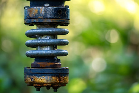Close-up of a rusty metal spring, showing signs of wear and tear, possibly part of a larger machine or industrial equipment, with a blurred green background suggesting an outdoor or natural settingの写真素材