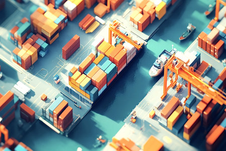 Cargo ship docking at a busy commercial port, loading and unloading colorful containers with cranes, illustrating global trade and logistics in a vibrant miniature styleの写真素材