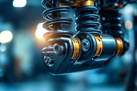 Modern mountain bike rear suspension features a combination of coil springs and hydraulic dampers, providing a smooth and controlled ride on challenging terrainの写真素材