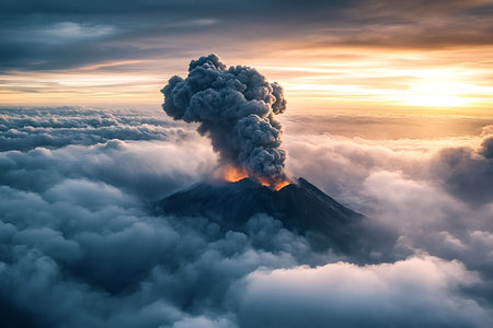 Aerial view of an erupting volcano surrounded by clouds with a scenic sunset in the background,...
